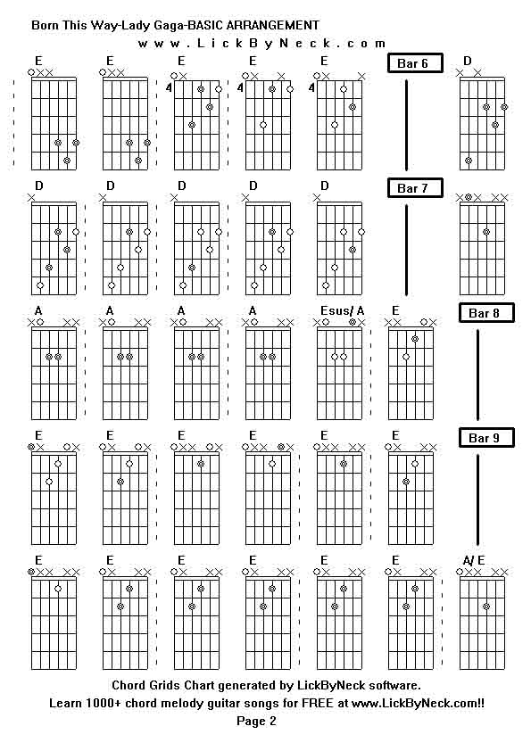 Chord Grids Chart of chord melody fingerstyle guitar song-Born This Way-Lady Gaga-BASIC ARRANGEMENT,generated by LickByNeck software.